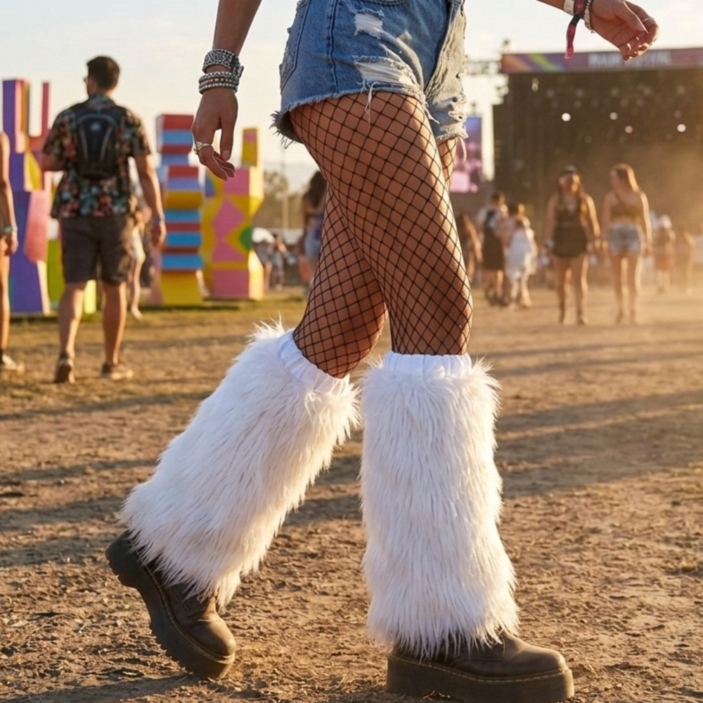 Faux Fur White Boot Leg Warmers - Women's Festival Gaiters